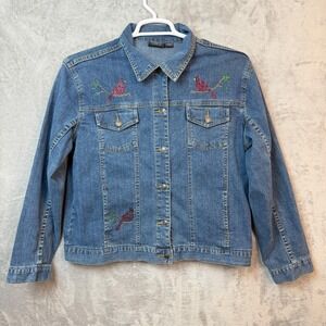 Sunburst Denim Jacket Womens L Cardinal Rhinestone Embellished Grandma Core Jean